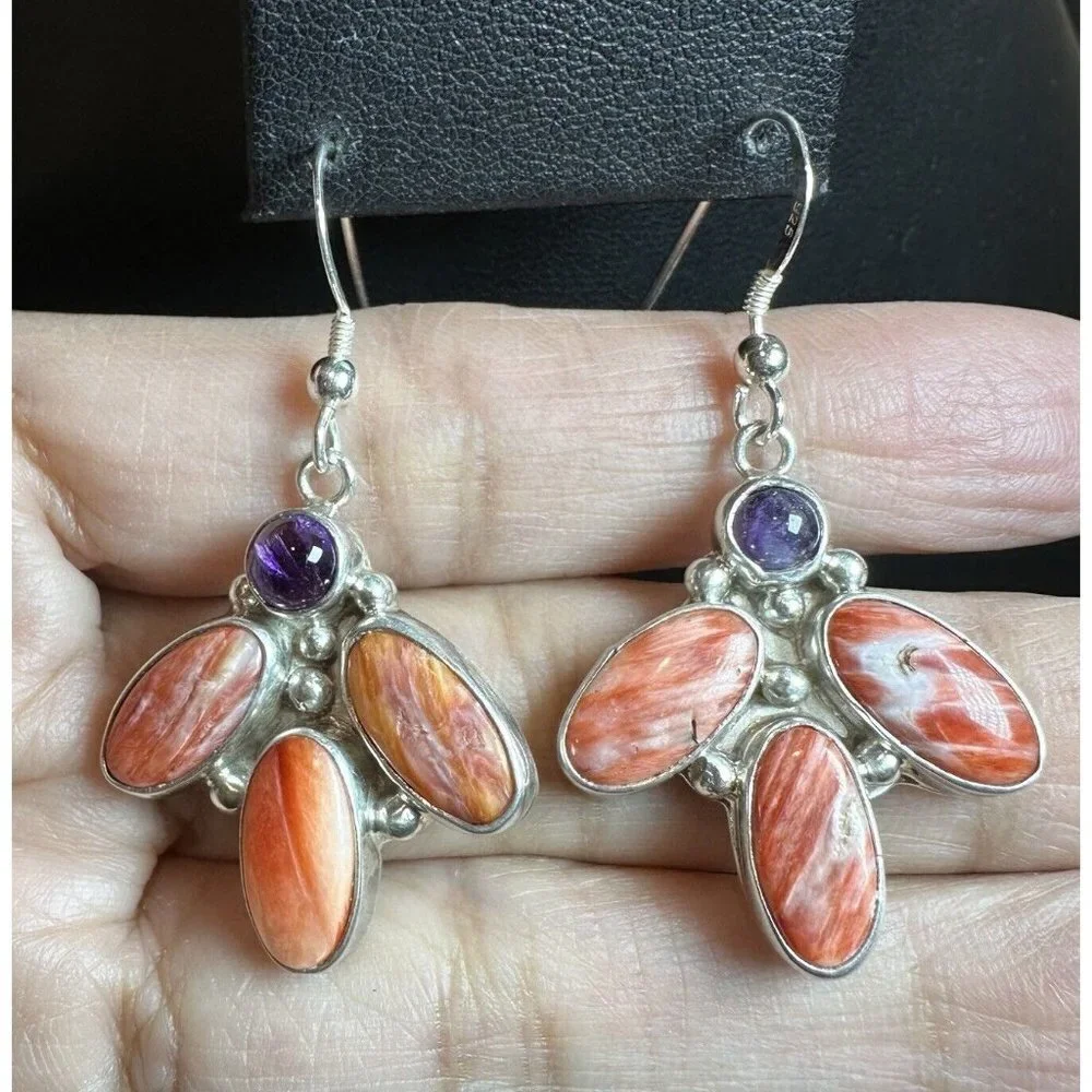 Navajo L Bennett Hook Dangle Earrings 1.75 Inch Spiny Amethyst 925 Sterling 9.1g